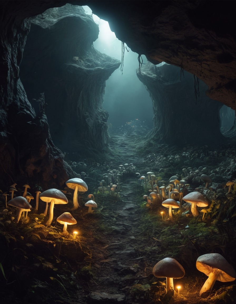 mystical, glowing mushrooms, cave, nature, fantasy, light, magic