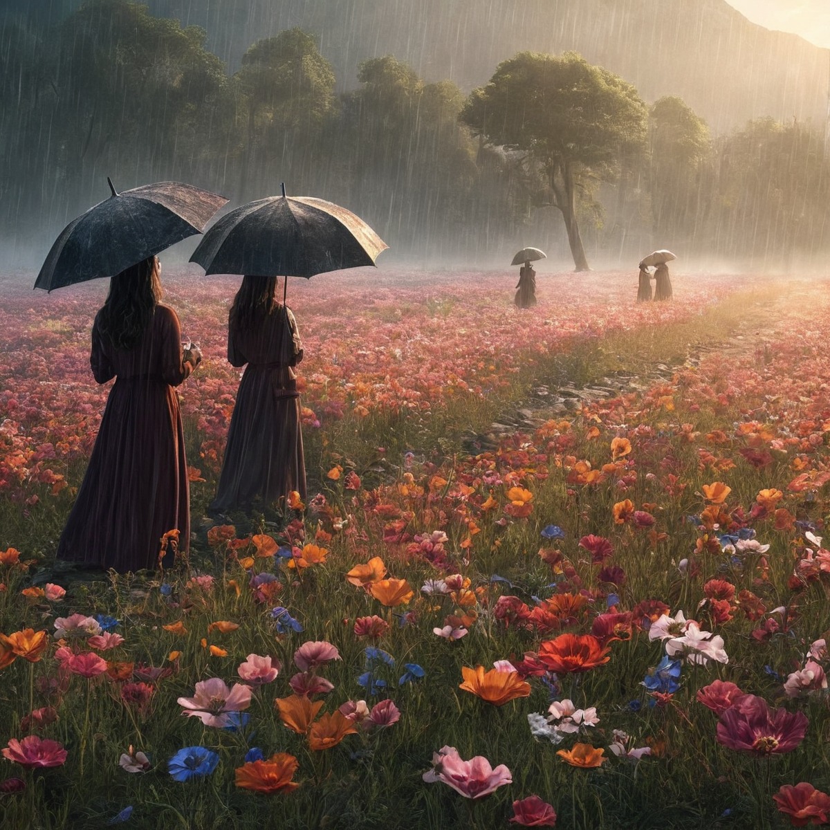 beautiful, evocative, field, generated, raining, umbrellas, wildflowers, women, aigenerated, aigeneratedart, womeninwildflowers, womenonrainyday, womenwalk, womenwalkinwildflowers