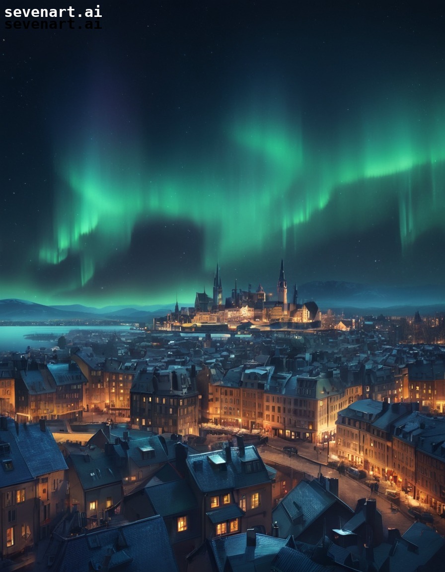 northern lights, aurora borealis, european city, skyline, night sky, europe