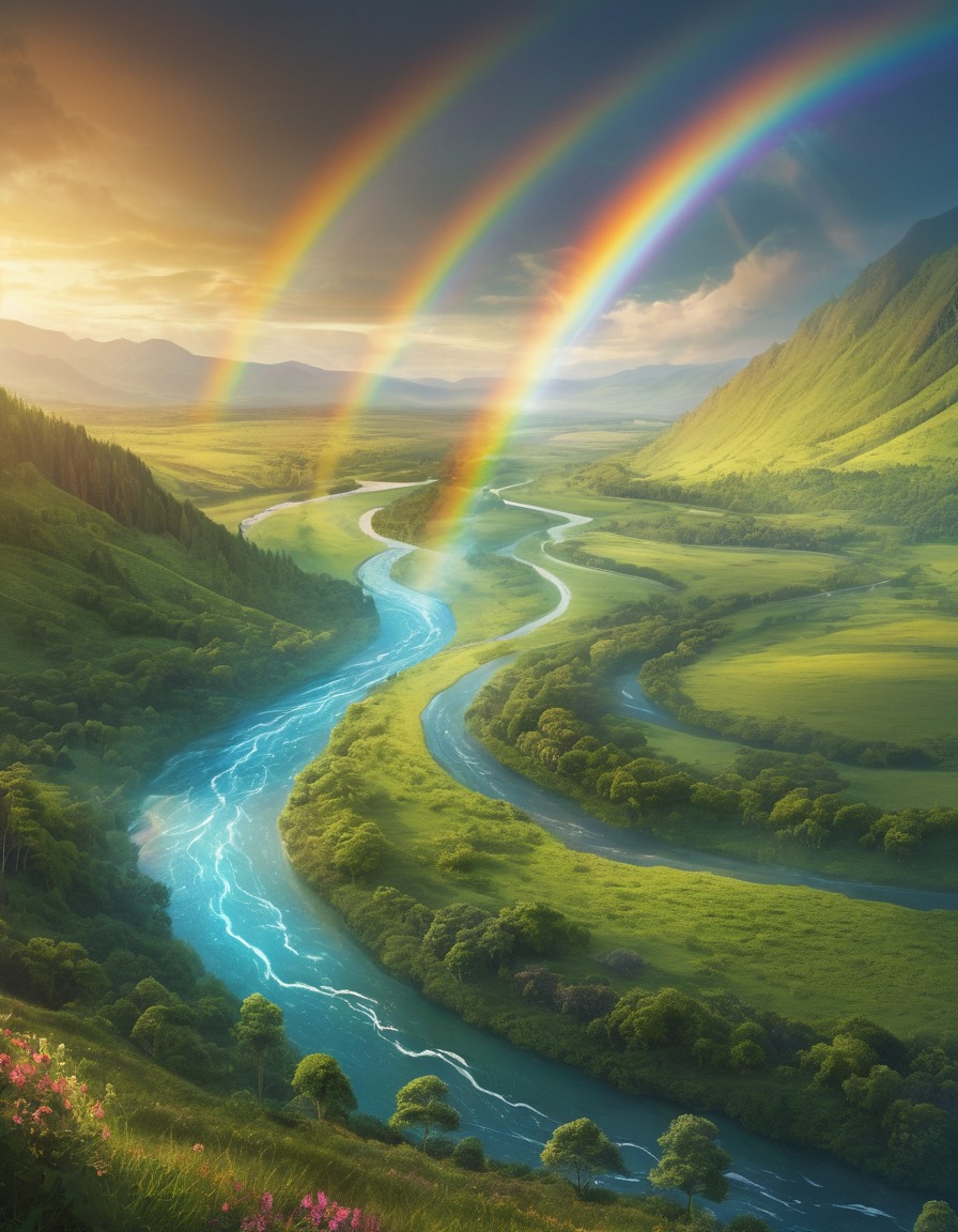 nature, rainbow, river, valley, serenity