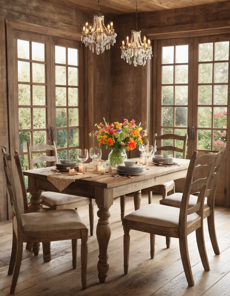 rustic, wooden, dining table, mismatched chairs, fresh flowers, centerpiece, home, interior