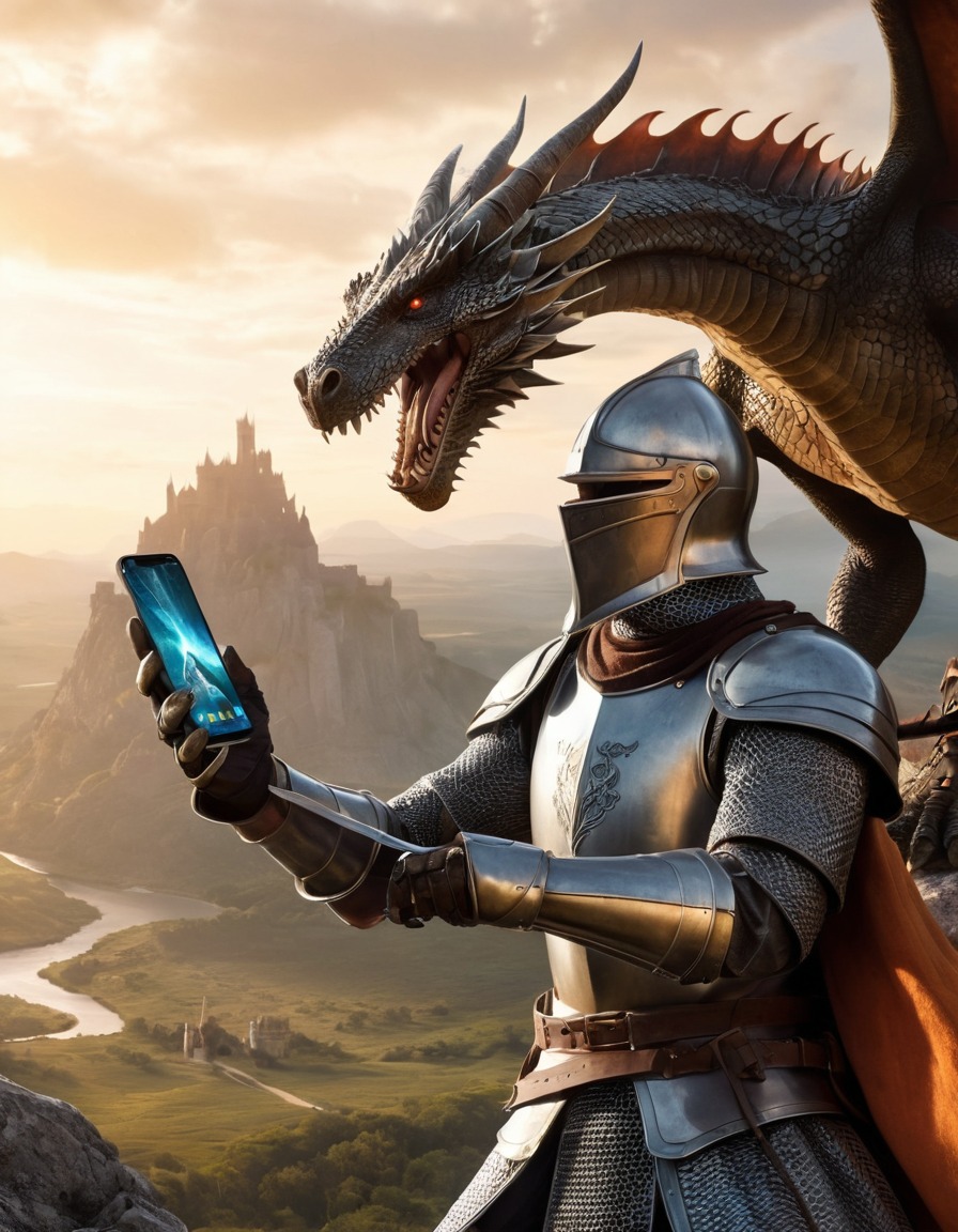 medieval, knight, dragon, smartphone, fantasy, art