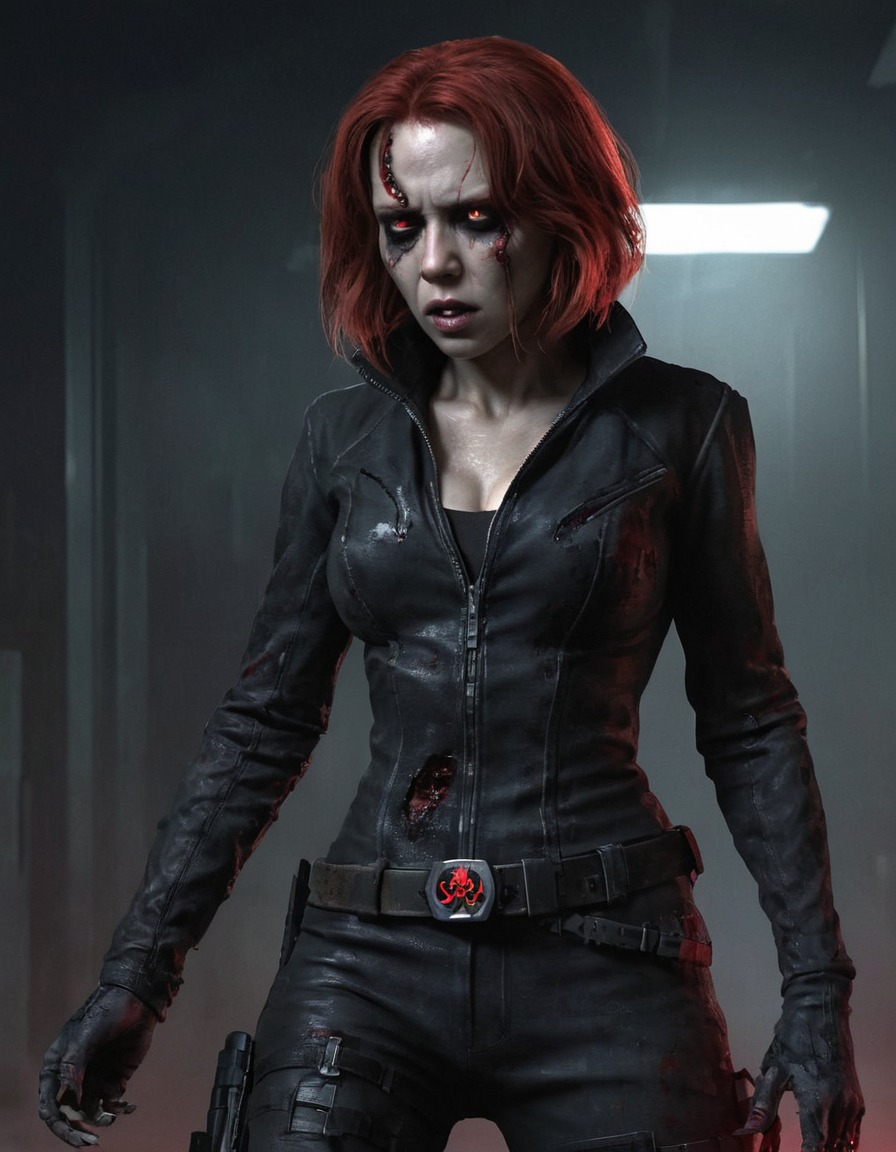 black widow, zombie, tattered clothing, glowing red eyes, marvel