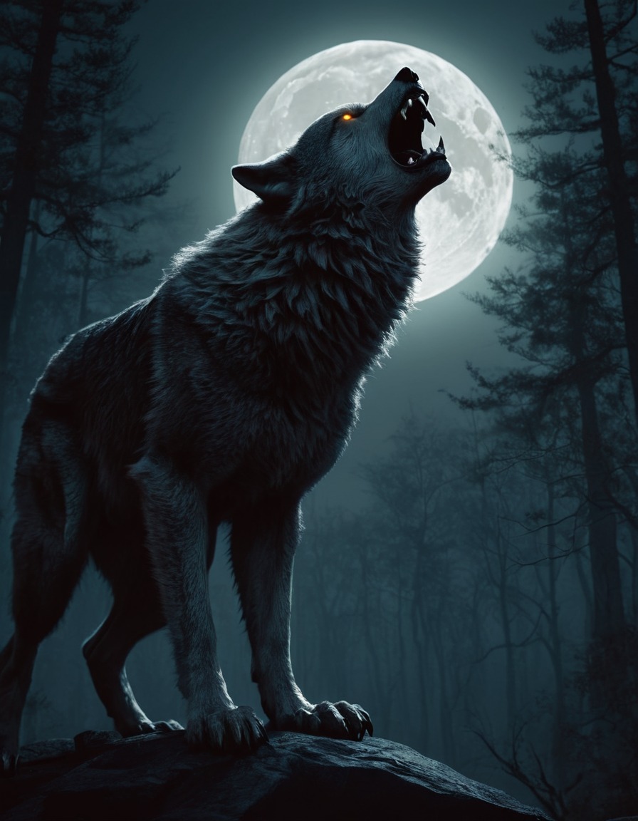 werewolf, full moon, dark forest, howling, fierce