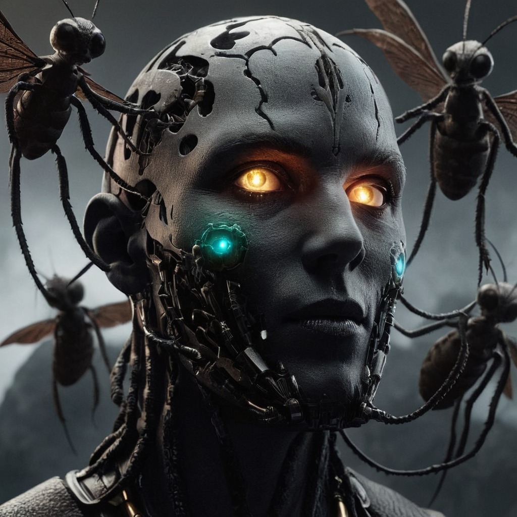 digitalart, chain, connected, crack, dalle3, dystopian, eerie, fantasy, futuristic, humanoid, insect, liquid, modern, object, potrait, robotic, aiart