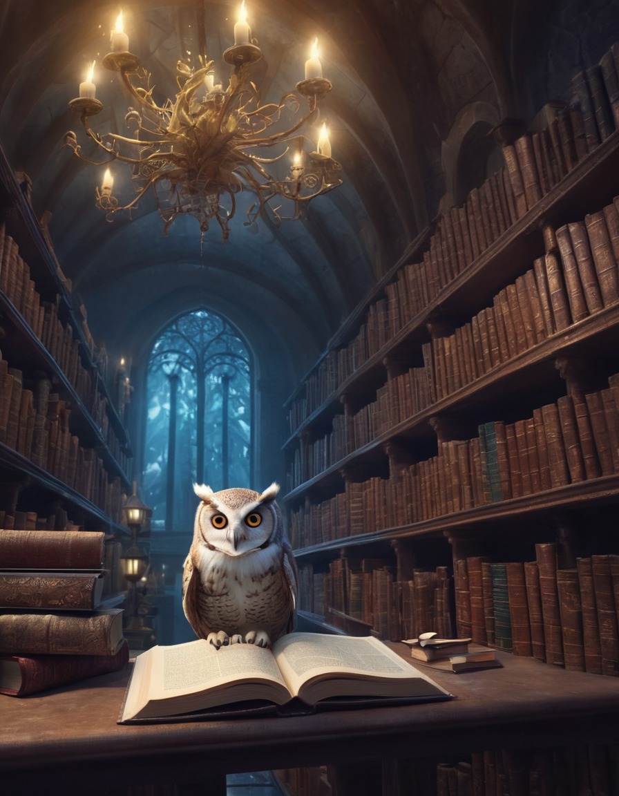 library, enchanted, books, scrolls, owl-like creatures, fantastic