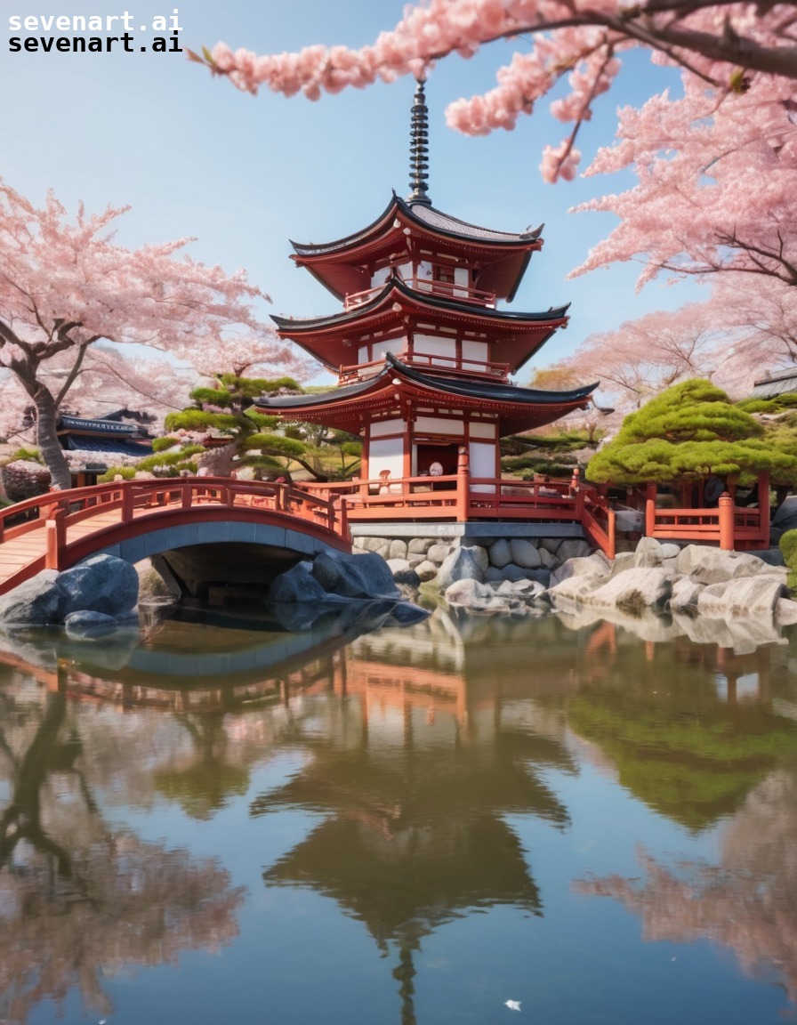 japanese garden, pagoda, cherry blossoms, koi pond, tranquility