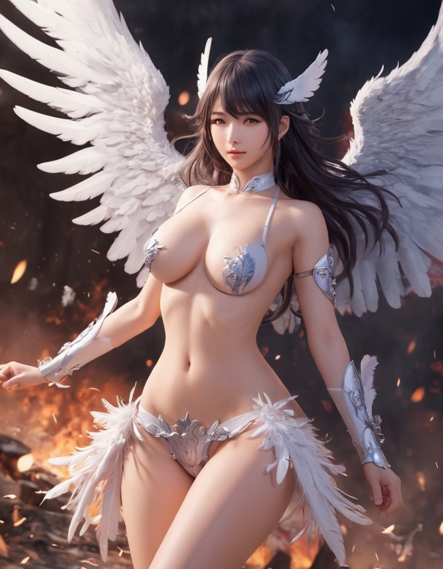 angel, demon, battlefield, combat, feathers, shadows, angels, demons, anime