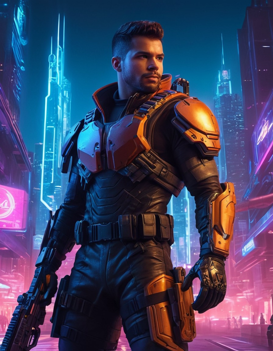 cybernetics, mercenary, futuristic cityscape, neon lights, computer games