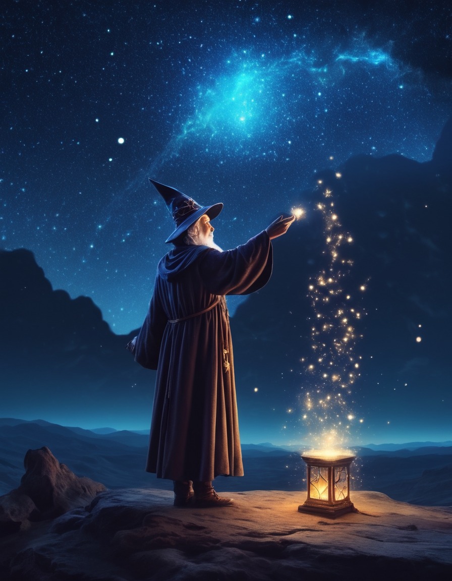 wizard, magic, spells, fantasy, night sky