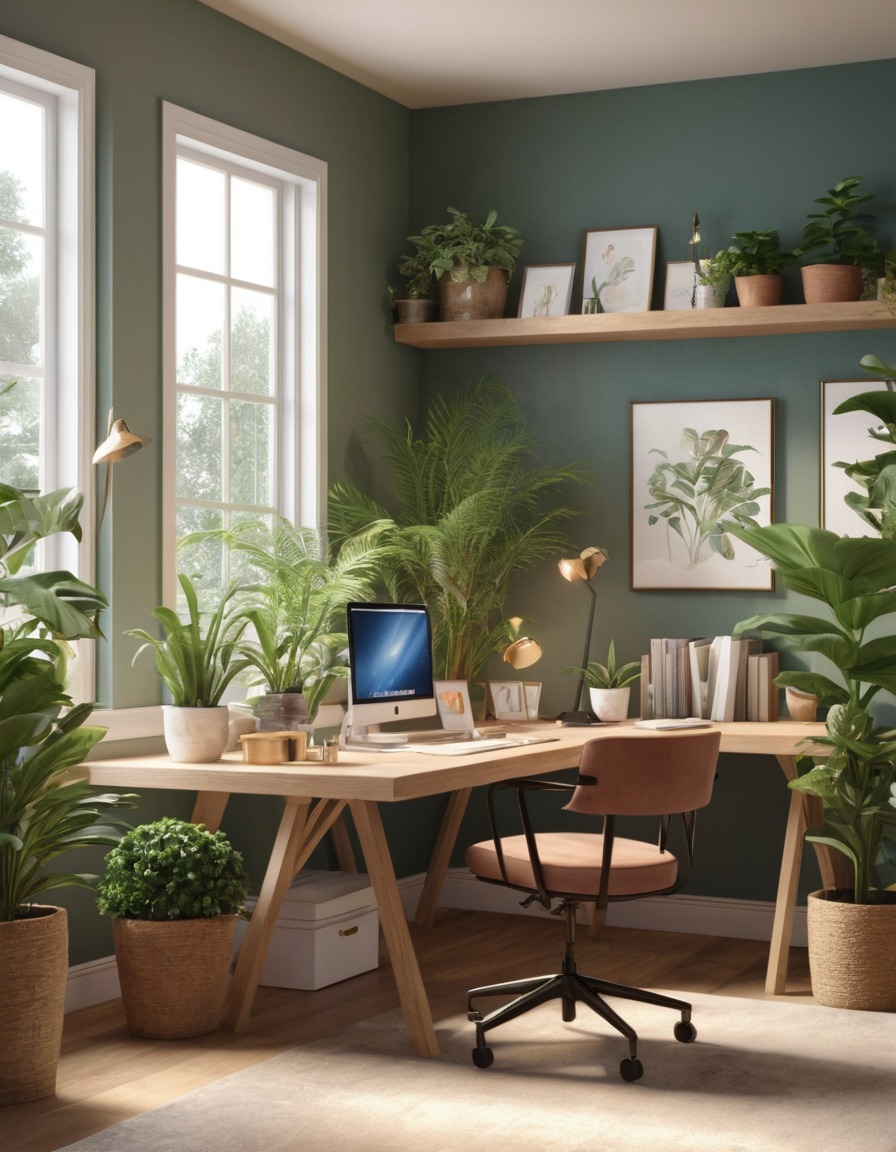 home office, large desk, potted plants, natural light, home, interior