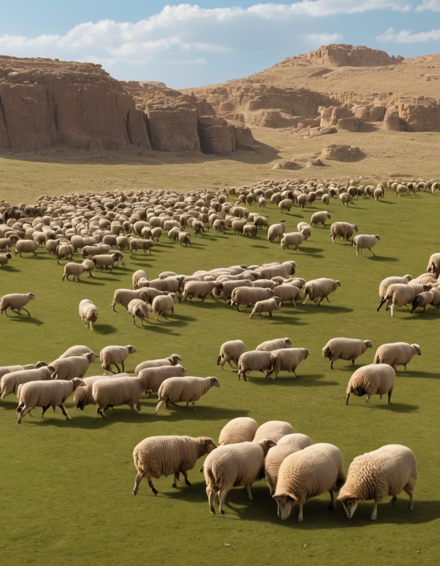 ancient mesopotamia, 2000 bc, shepherd, sheep herding, meadow, agriculture, livestock