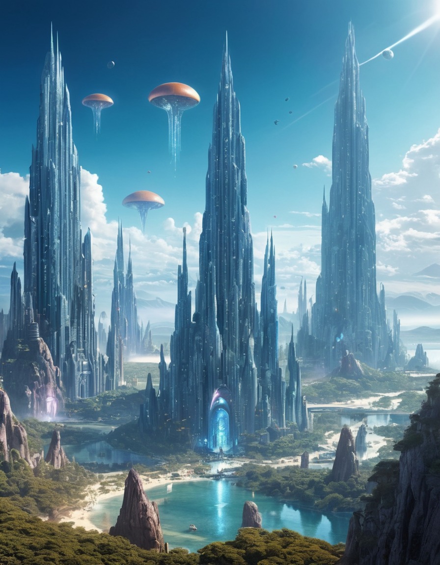 alien city, extraterrestrial, crystalline structures, futuristic architecture, aliens