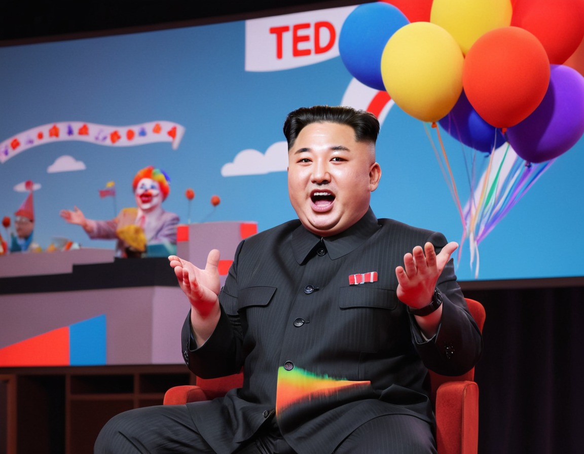 kim jong-un, ted talk, laughter, clown nose, rainbow wig, north korea