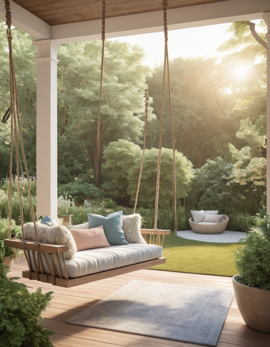 porch, swing bench, cushions, garden, home, interior