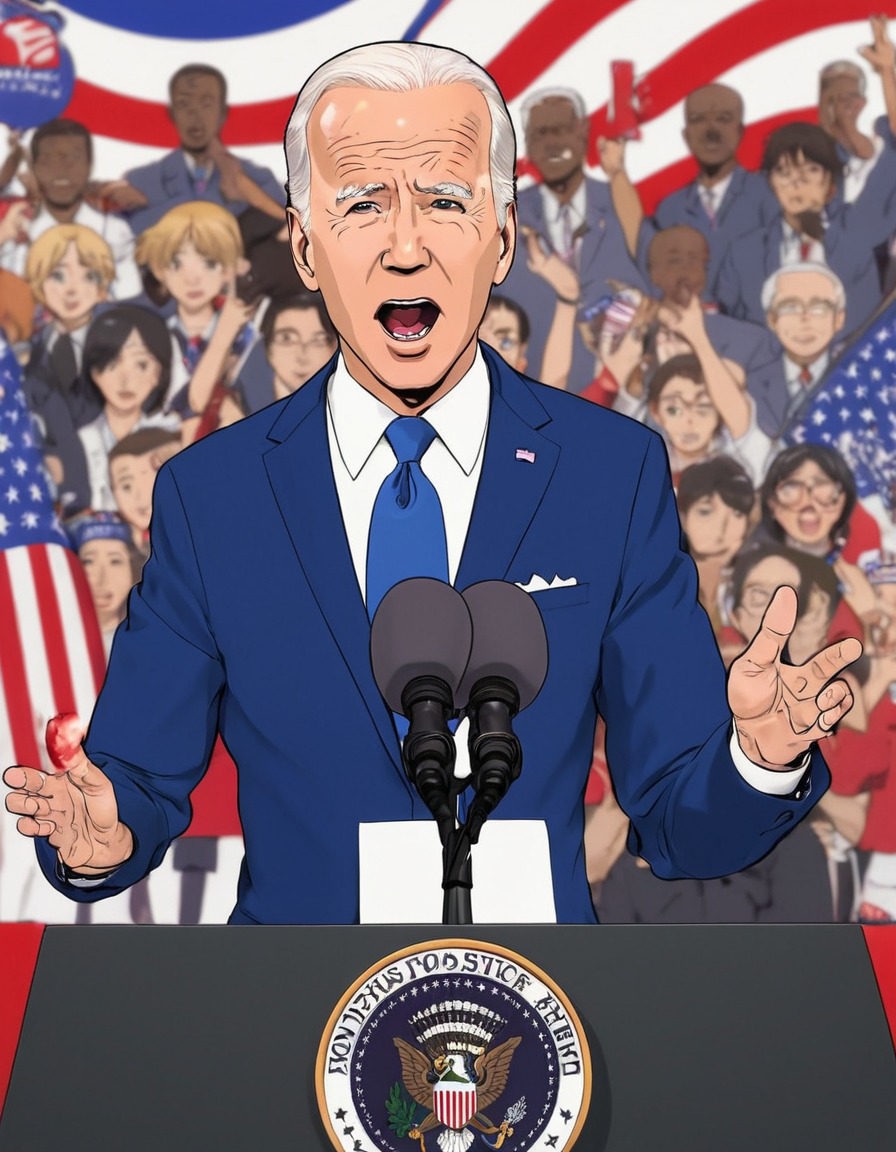 joe biden, anime, political rally, speech, passionate, politics