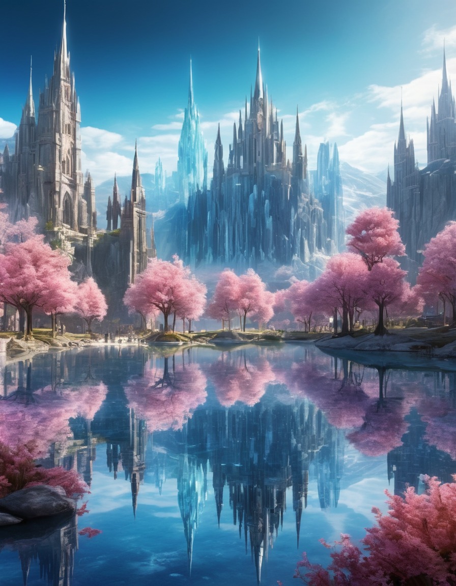 mirrored lake, city of crystal spires, fantasy, reflection, lakeside, magical, scenic beauty