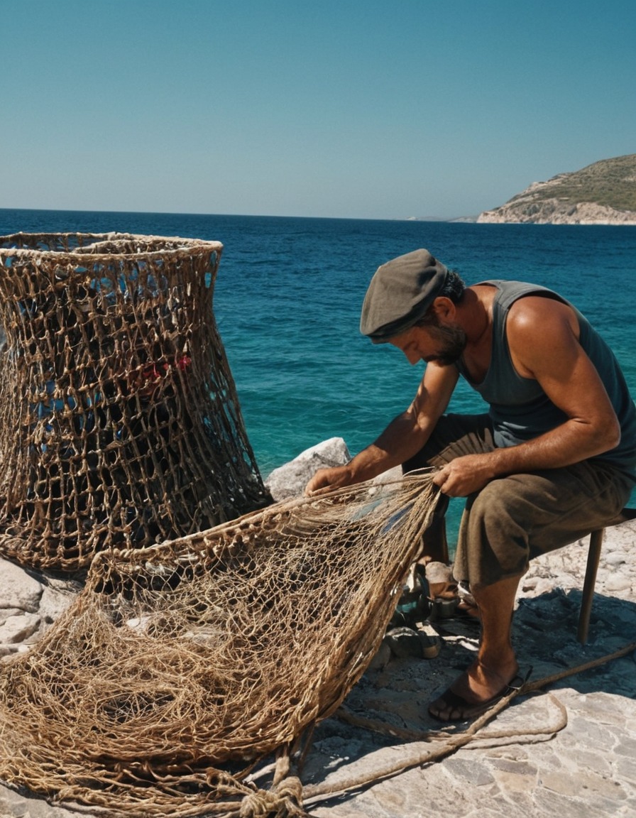 ancient greece, 300 bc, fisherman, mending nets, mediterranean sea