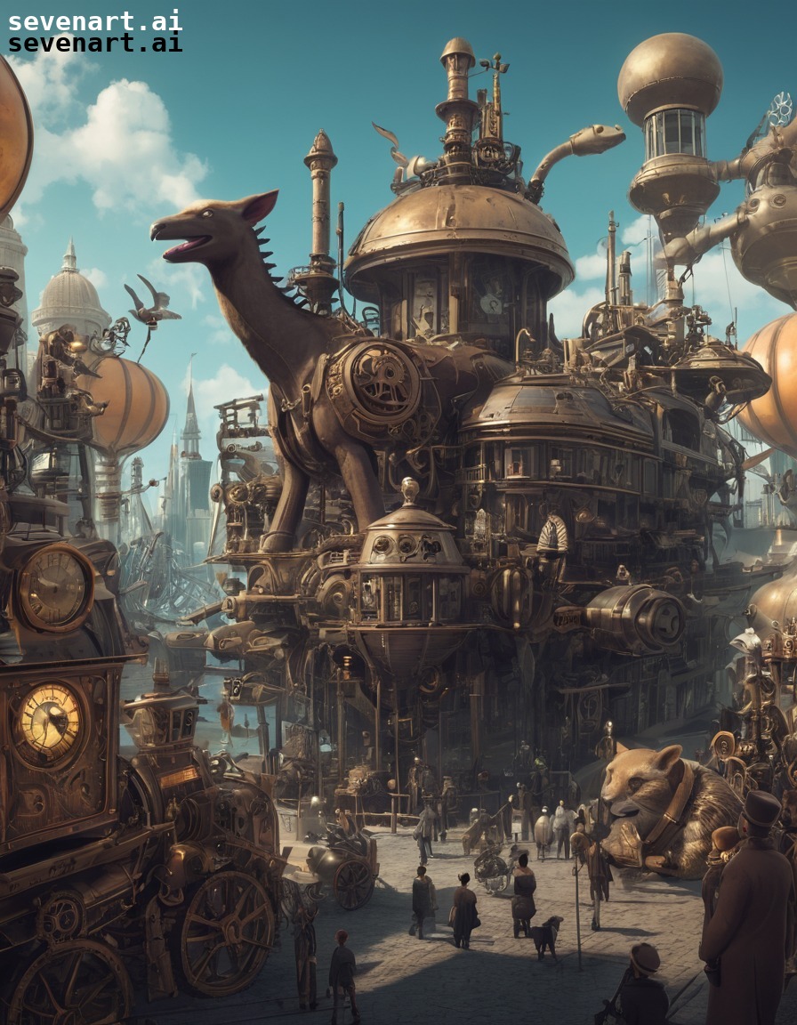 steampunk, cityscape, mechanical animals, clockwork creatures, futuristic