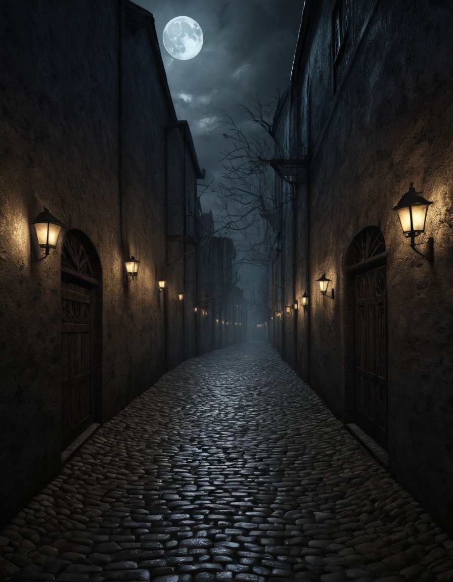 cobblestone, alleyway, lanterns, shadows, gothic, underground, dark