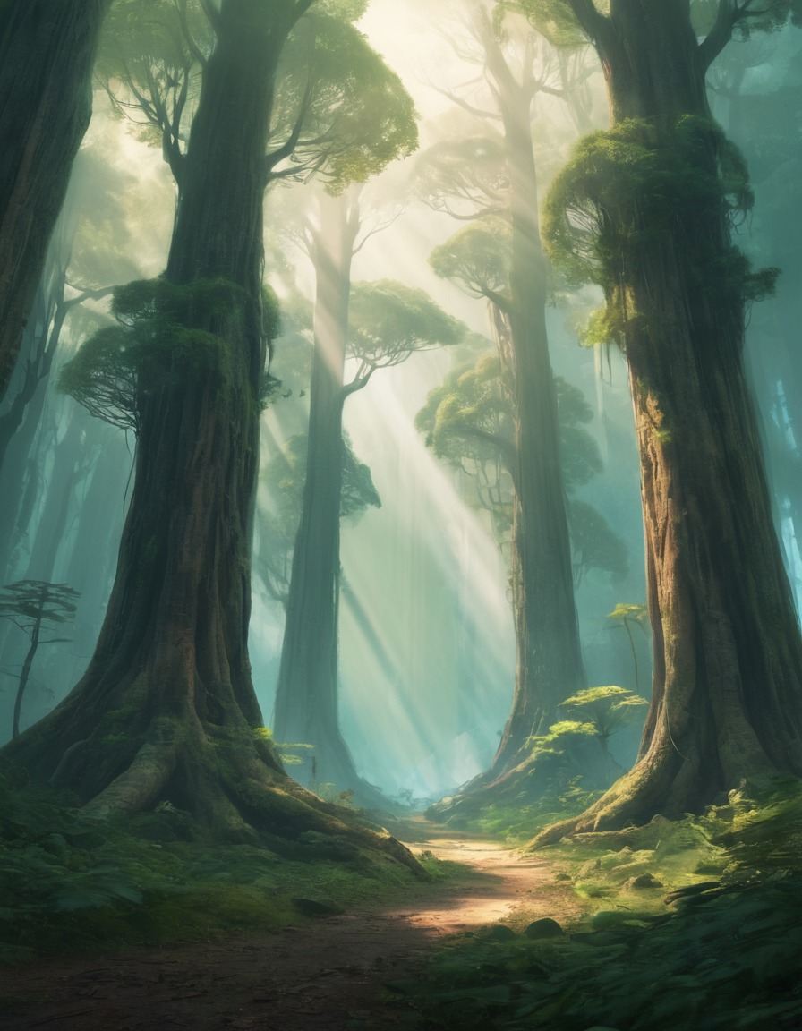 nature, forest, enchanting, ancient trees, ethereal light