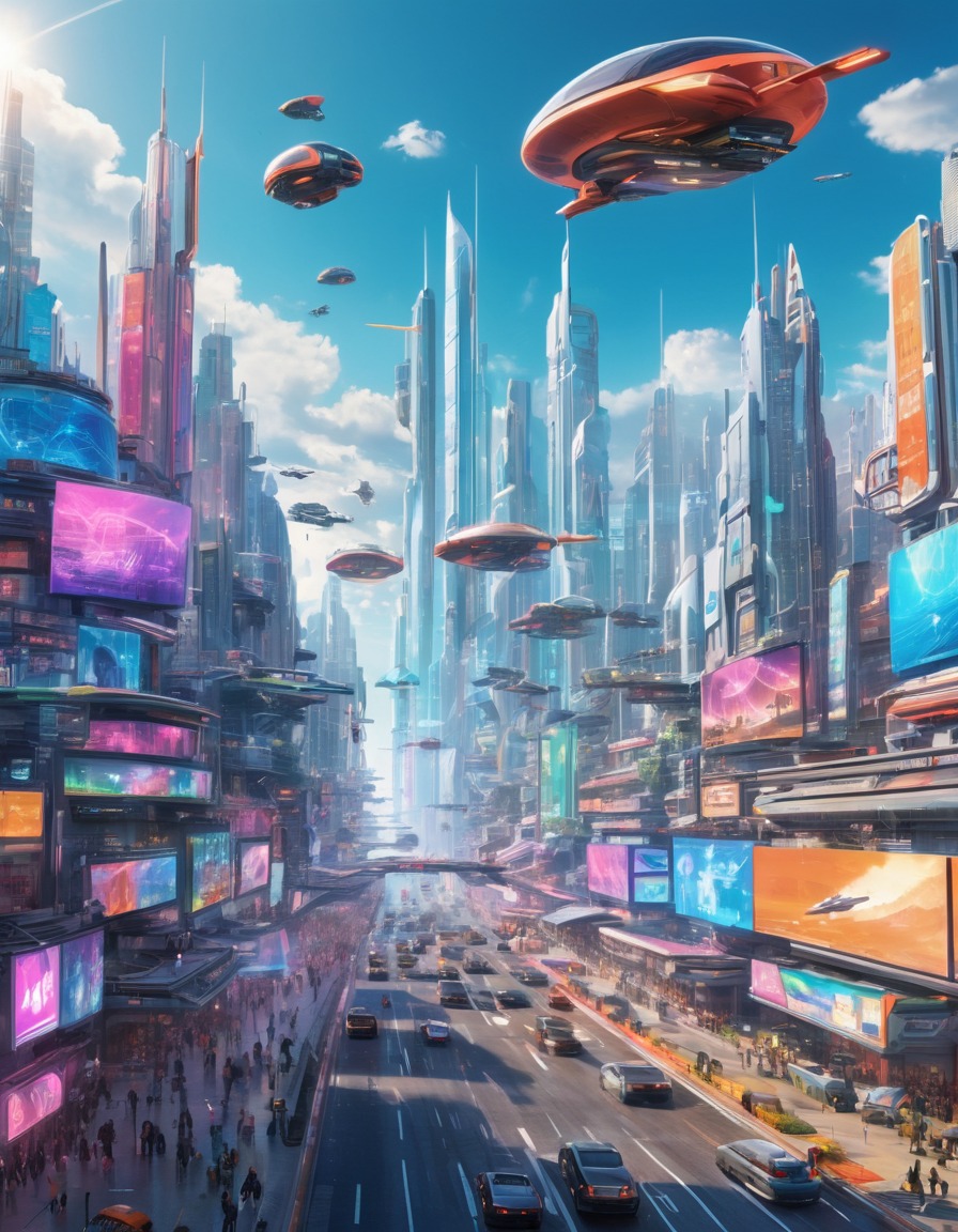 futuristic, cityscape, holographic, flying cars, technology, future