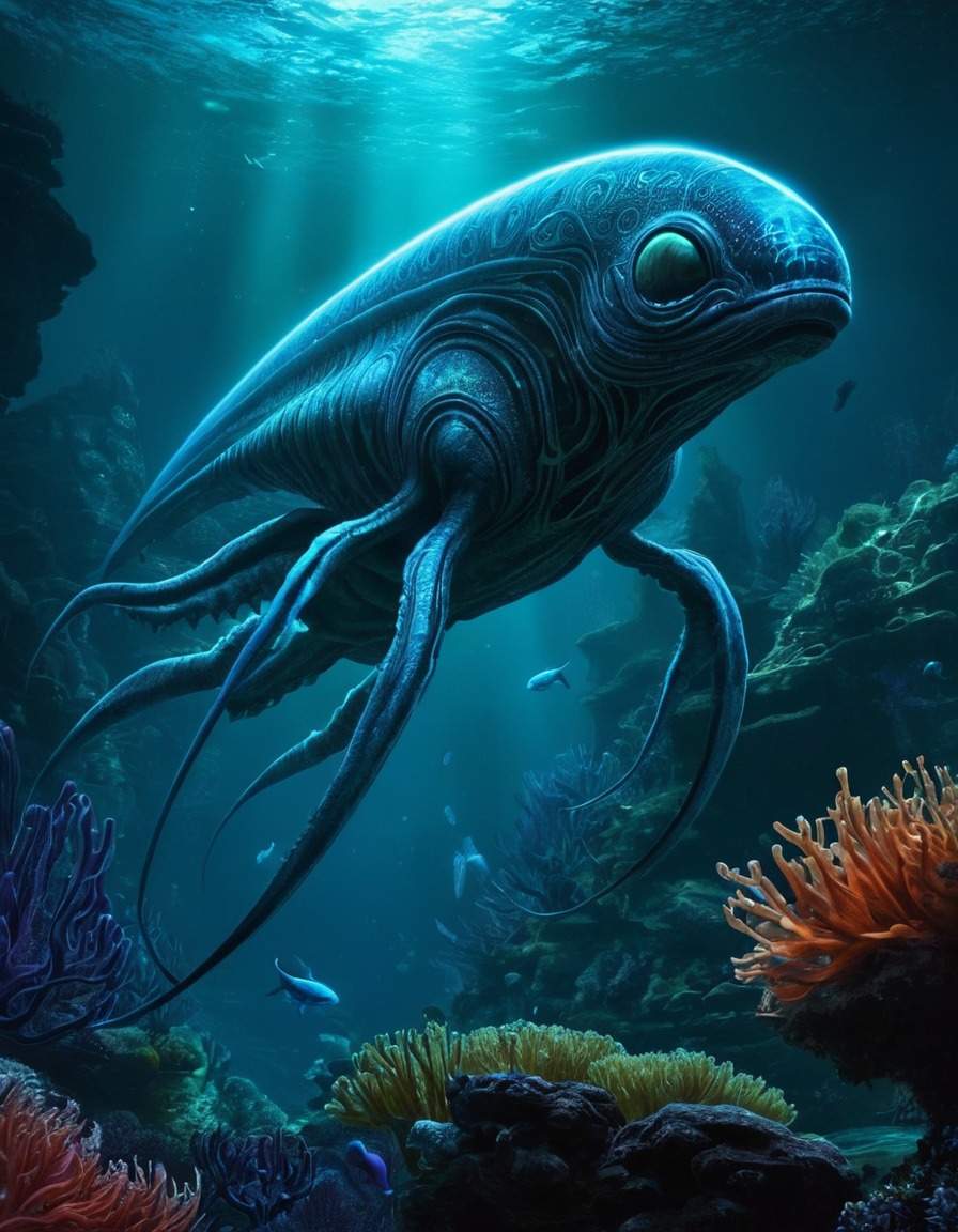 alien creature, bioluminescent, underwater world, intricate patterns, extraterrestrial, aliens