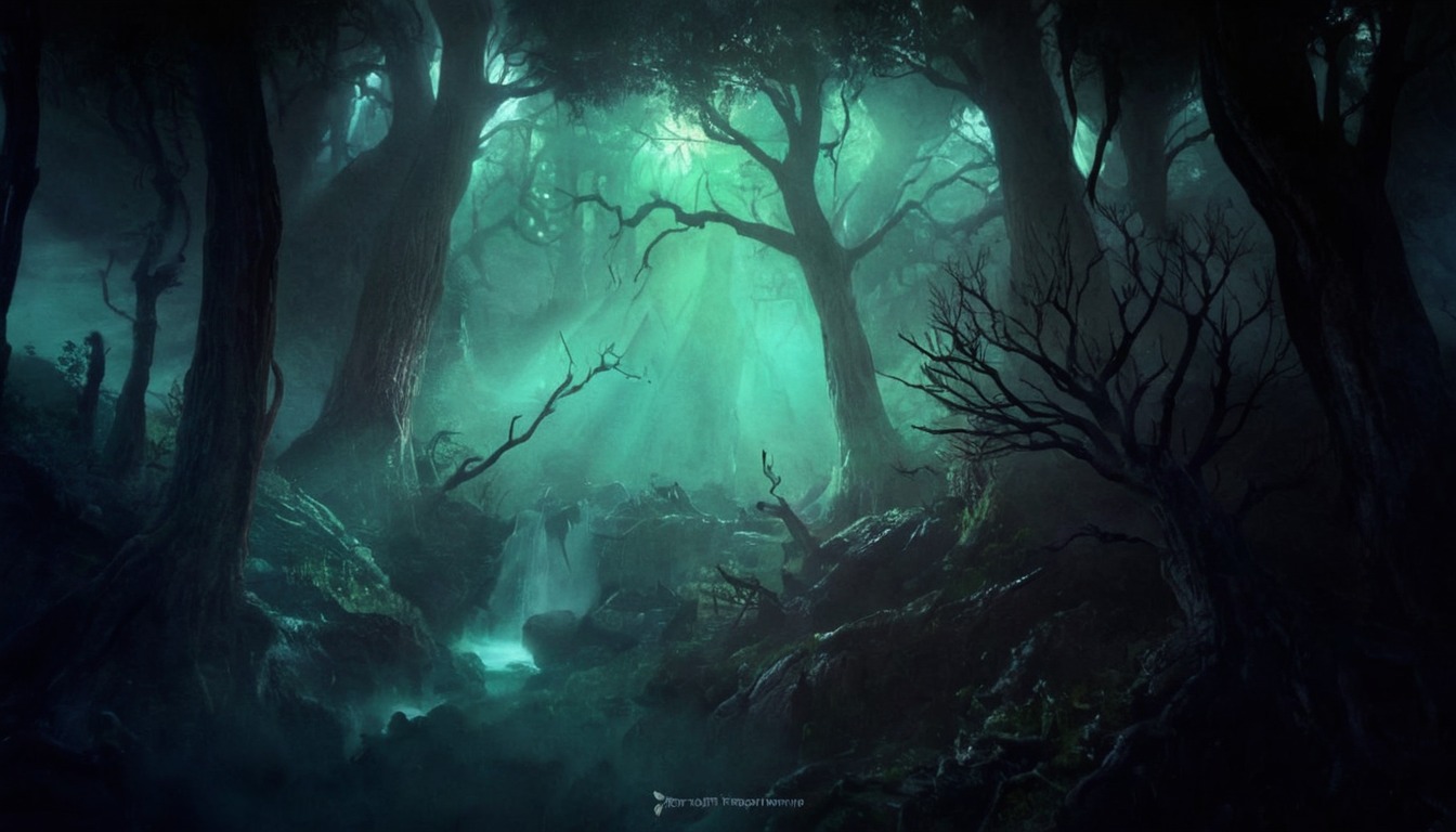 atmosphere, background, branches, culture, deep, diel, digital, drawing, dream, eerie, elves, fantasy, foreat, forest, game, glow, hidden, houses, hut, hutts, illustration, landscape, leave, leaves, light, lights, nele, painting, scenery, secret