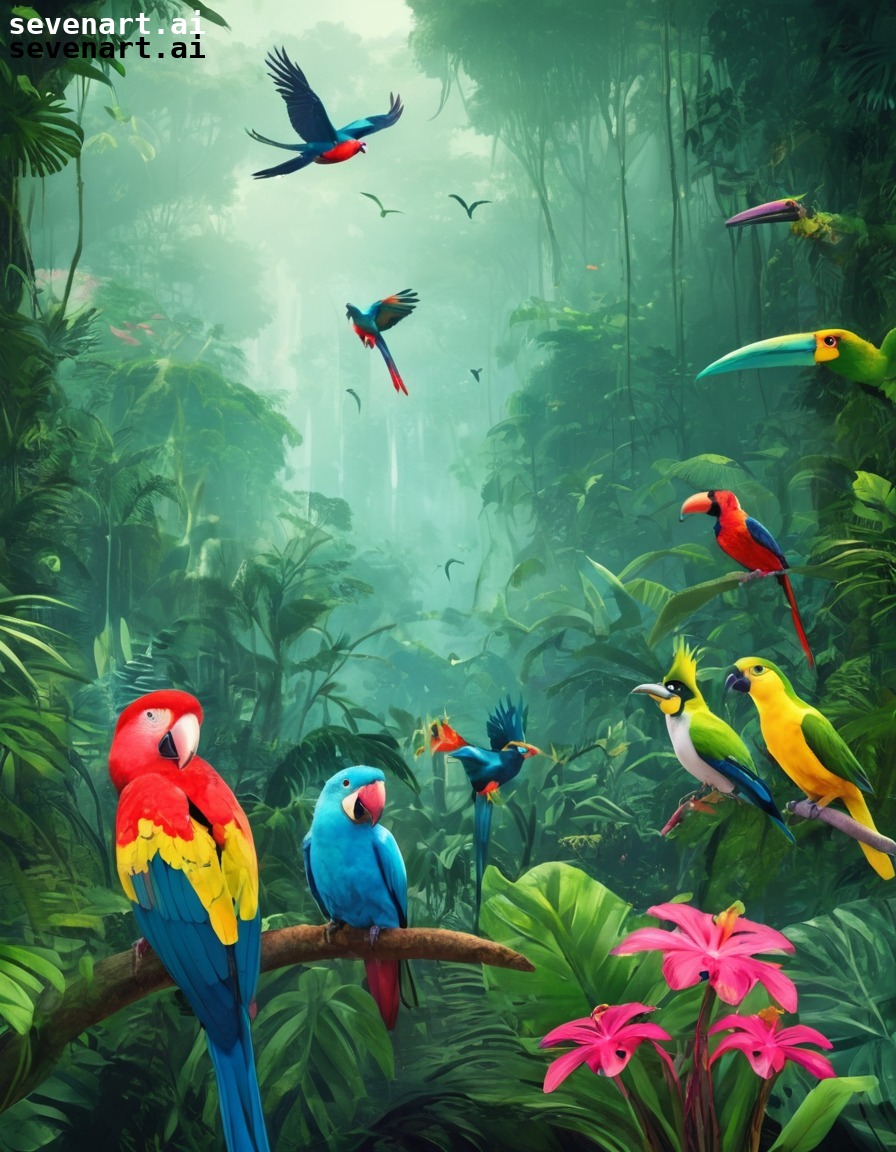 tropical, rainforest, exotic plants, colorful birds, nature