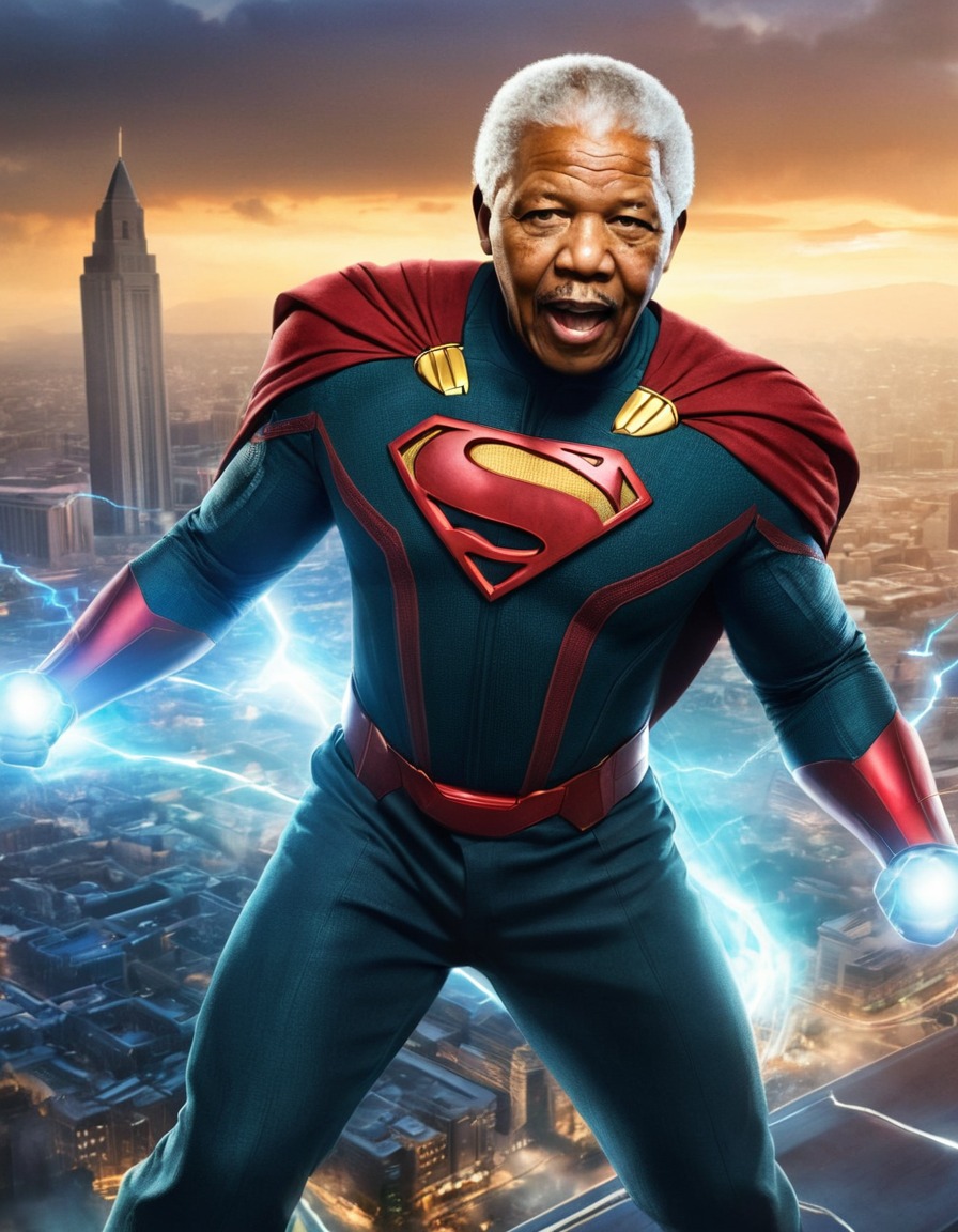 nelson mandela, superhero, futuristic city, justice, activism