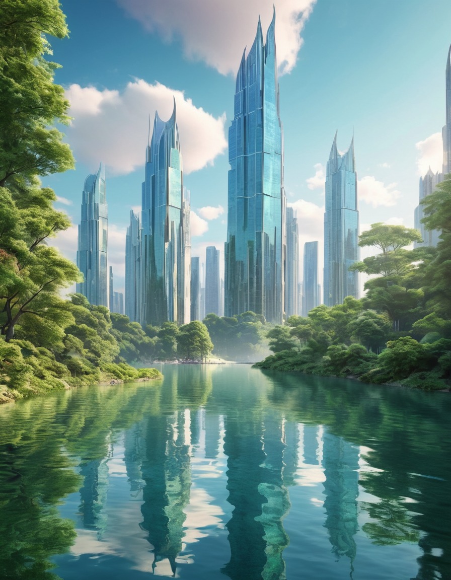 skyscrapers, reflection, lake, greenery, nature, city