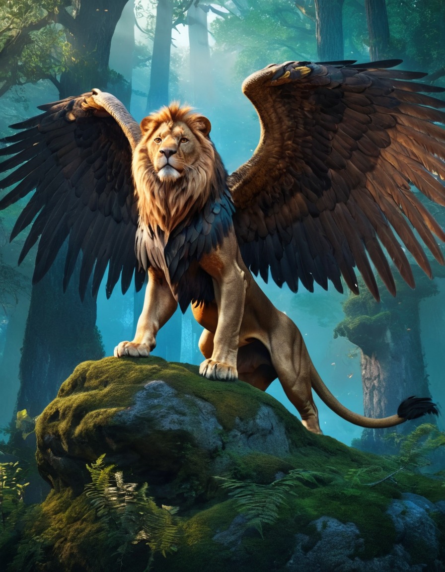 mythical creature, lion, eagle, sacred grove, guardian, fantasy, fantastic