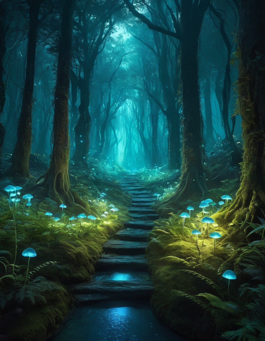 mystical forest, bioluminescent plants, glowing pathways, nature, fantasy, fantastic