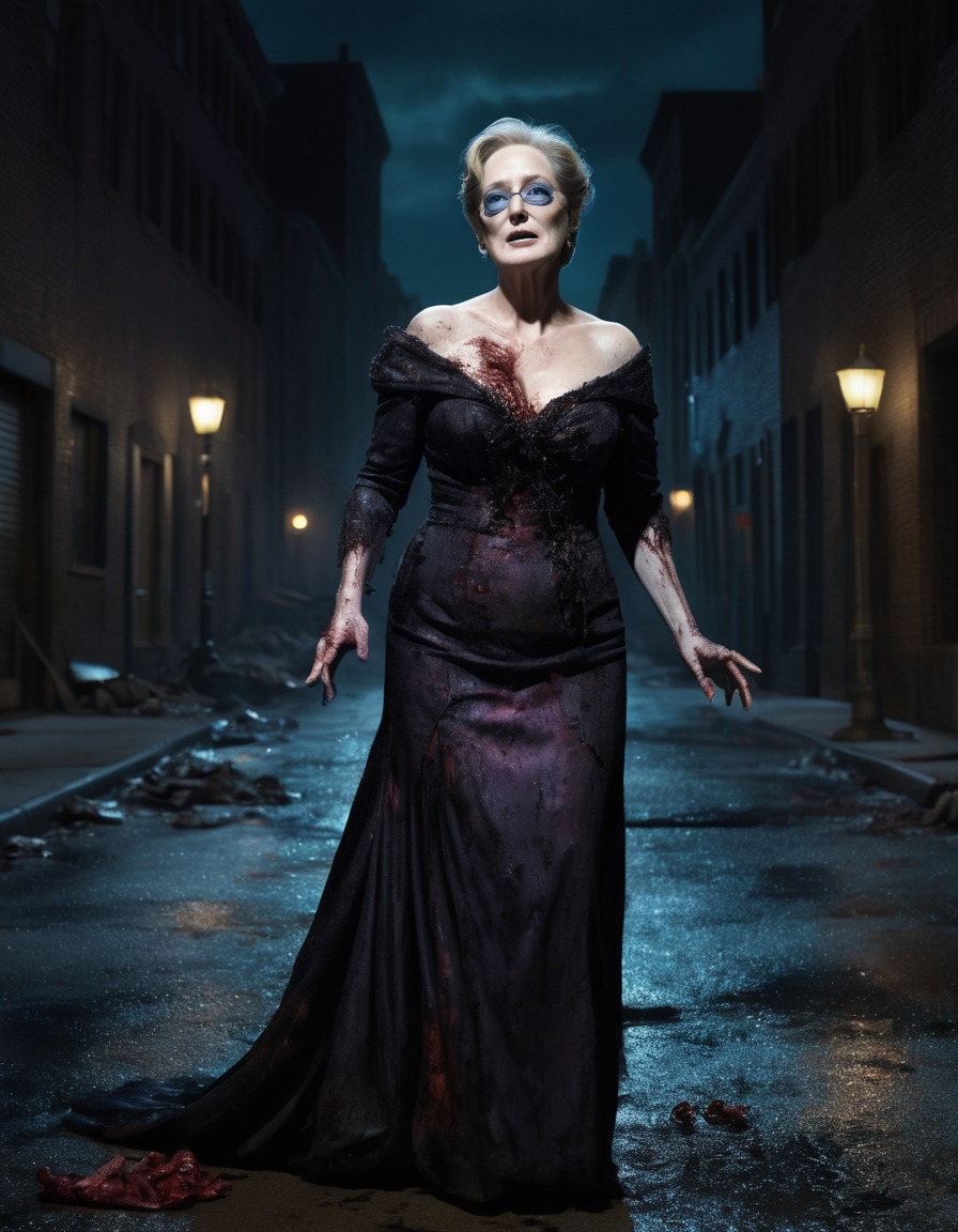 meryl streep, zombie, evening gown, deserted city street, night, horror, celebrities