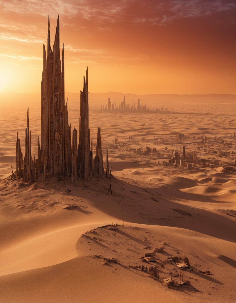 mystical, mirage, city, desert, sunset