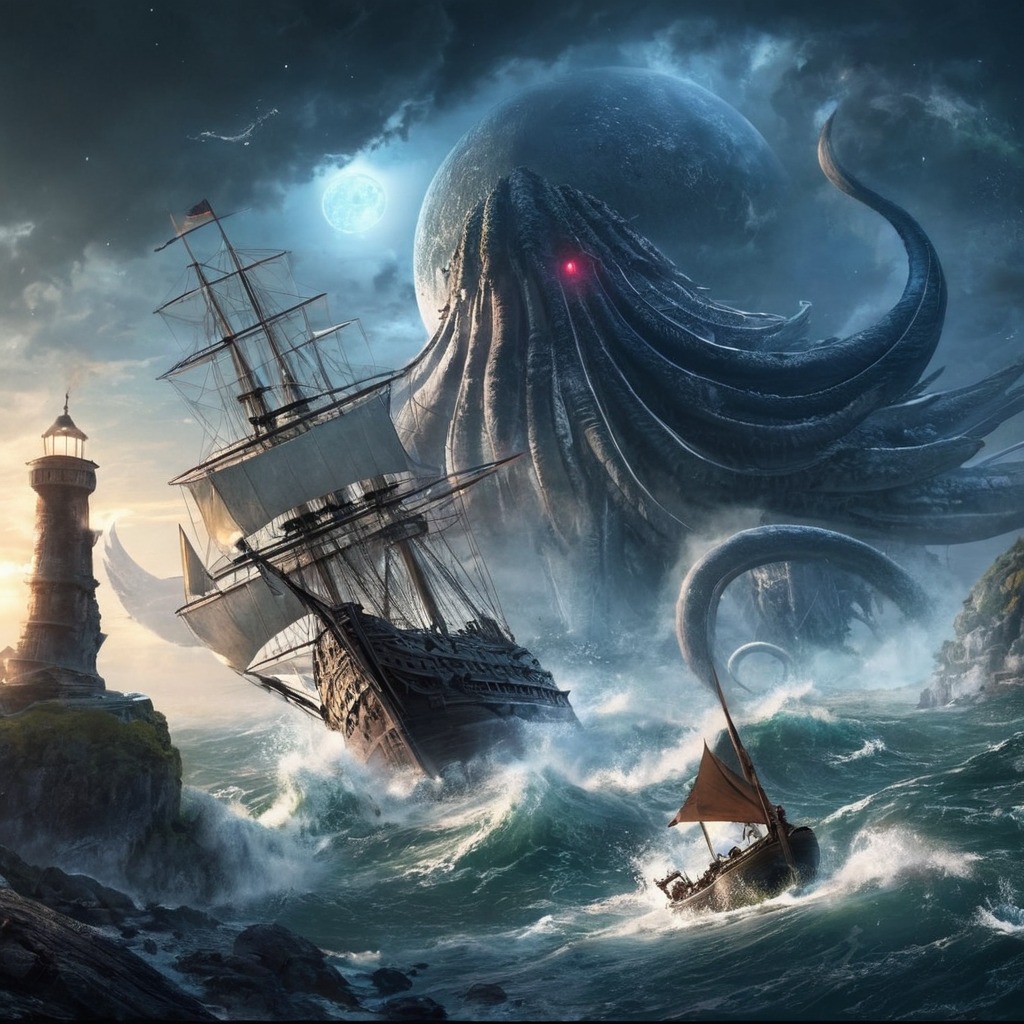 fantasyart, horror, sea, creature, squid