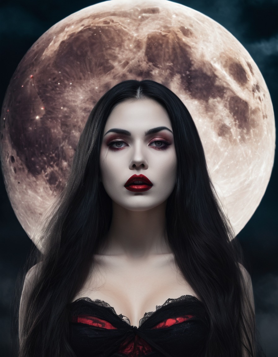 woman, dark hair, blood-red lips, full moon, beauty, gothic, underground, dark