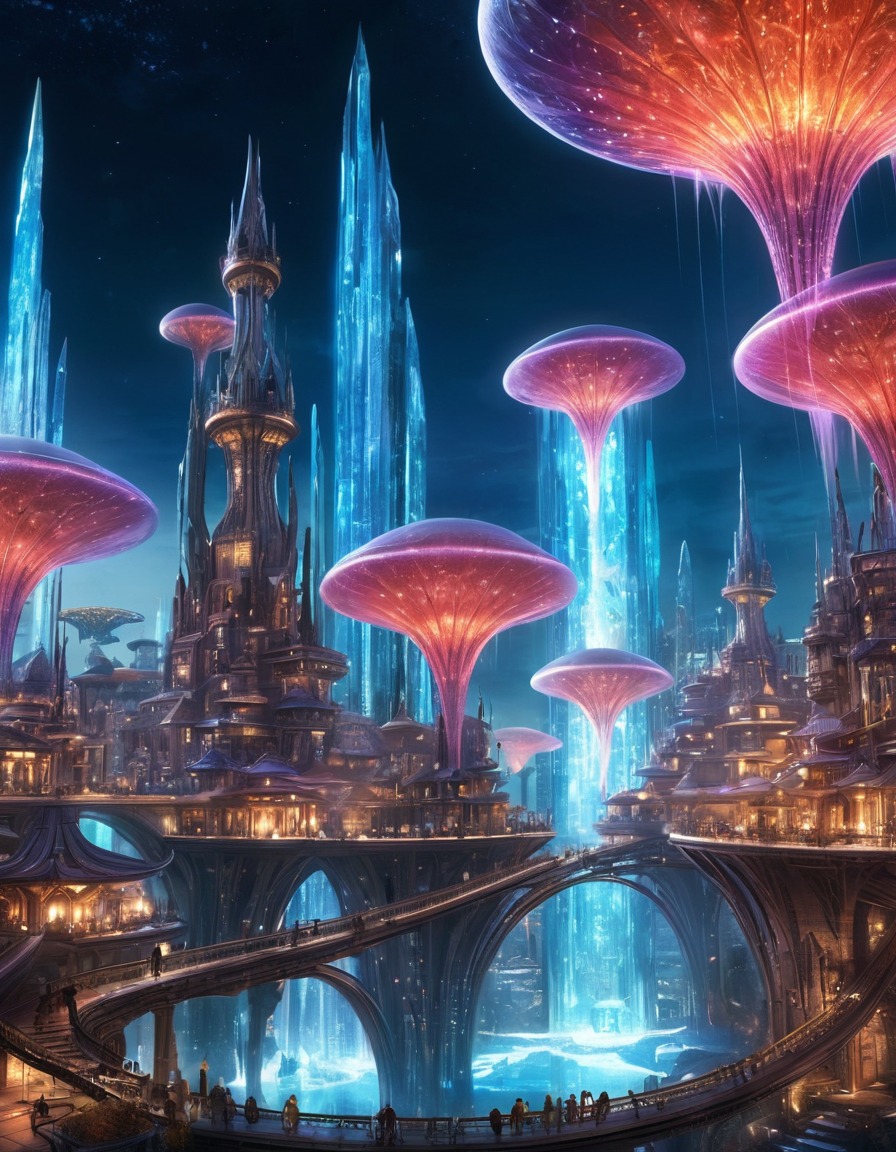 extraterrestrial, city, crystal structures, hovering platforms, aliens