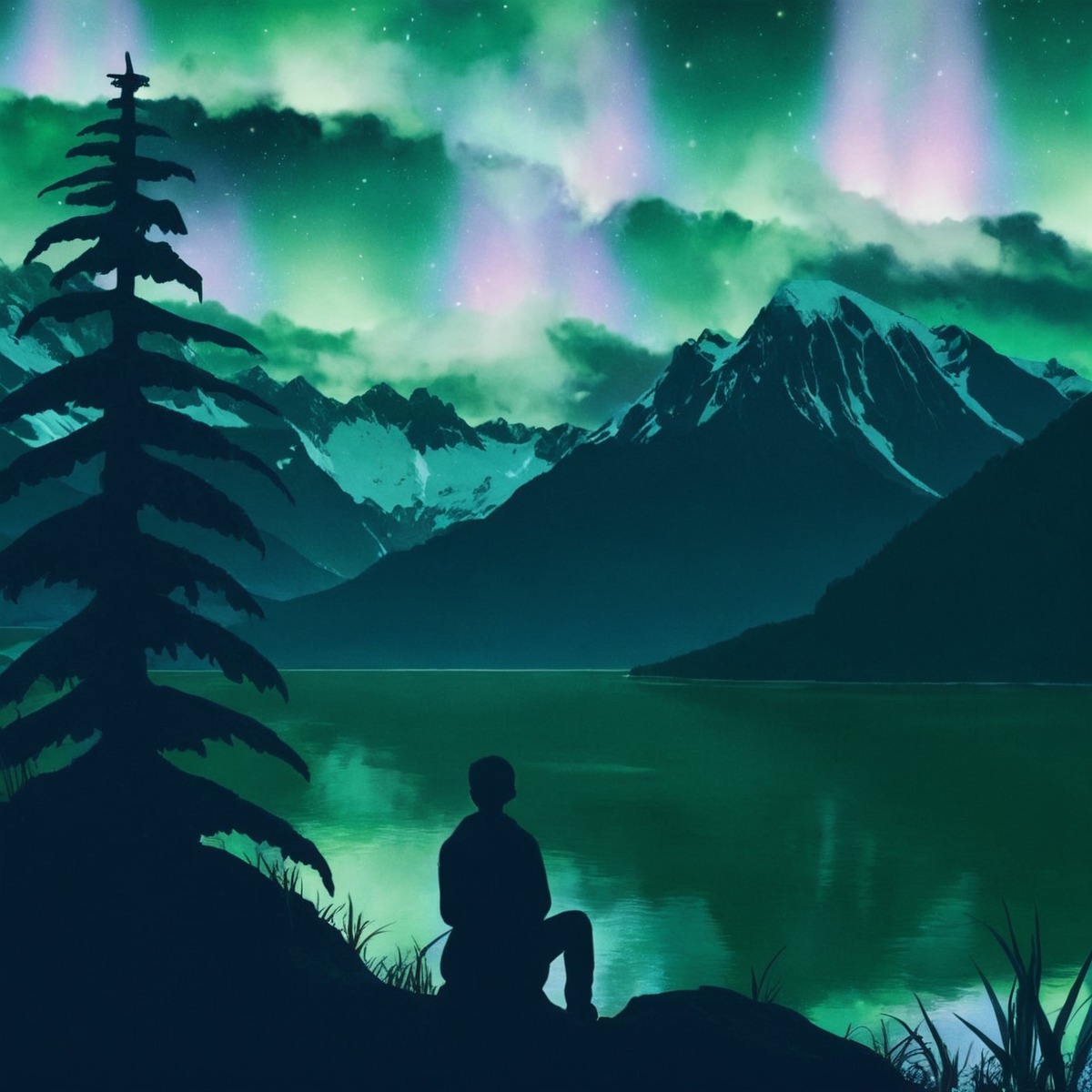 auroraborealis, digitalart, digitalartwork, digitalpainting, landscape, mountainscape, northernlights, scenery, linelessart, linelessstyle, linelessdigital