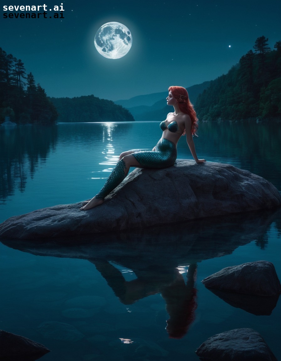 mermaid, rock, lake, moonlit, tranquil