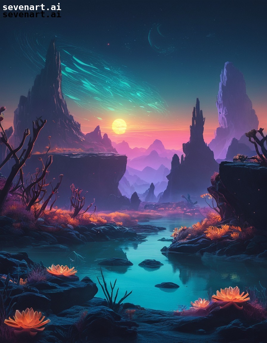 fantasy, bioluminescent, otherworldly, landscape, alien, space, stars