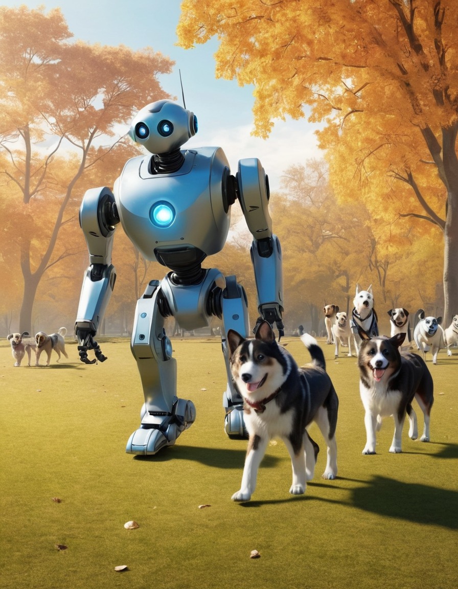 robot, dogs, park, walking, technology, artificial intelligence, automation