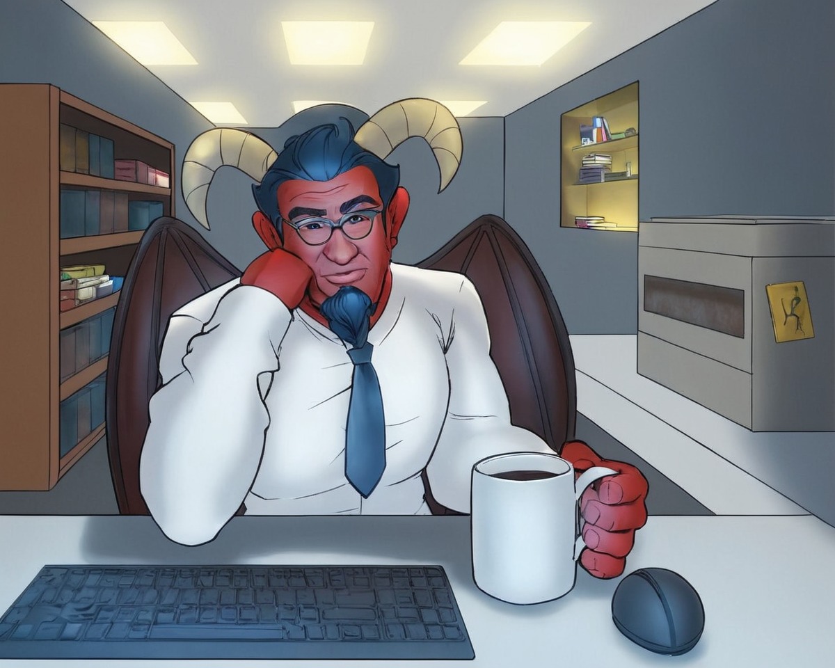 originalcharacter, digitalart, digitalpainting, coffee, demon, demonic, horns, office, strange, tired, boredexpression