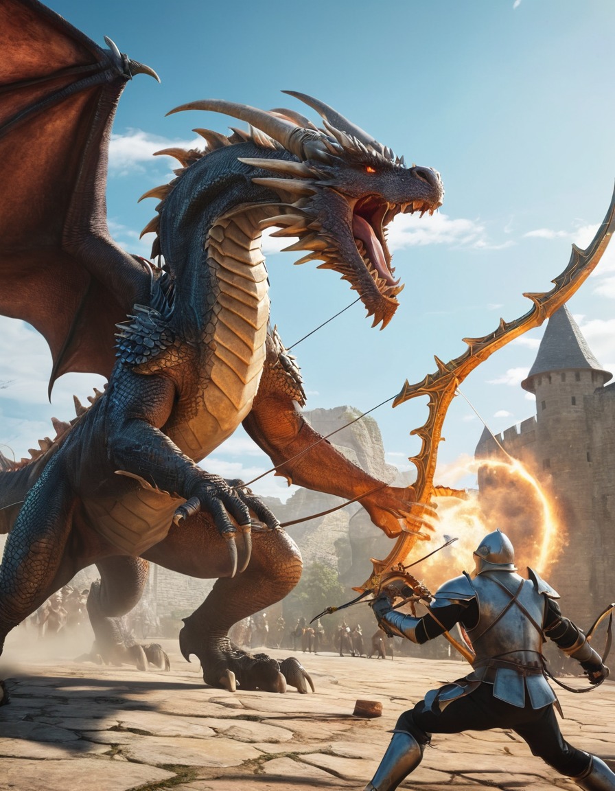 dragon, archer, medieval, cybernetic, battle, fantasy, art