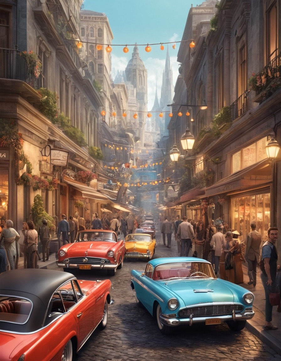 vintage cars, motorcycles, bustling street, retro, transportation