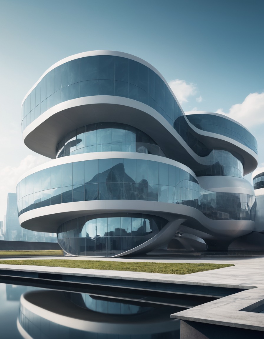 futuristic, building, architecture, curves, reflections