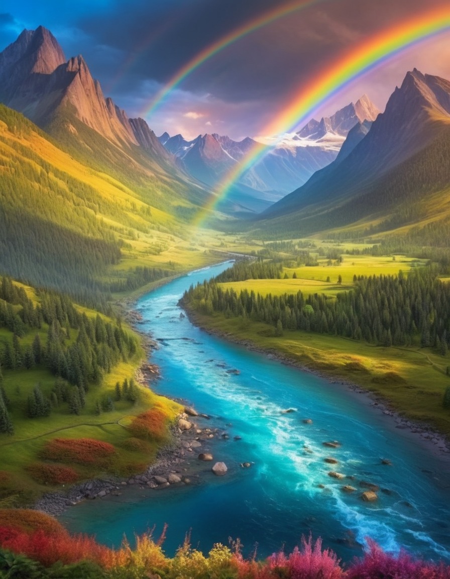 nature, landscape, rainbow, mountains, colorful sky