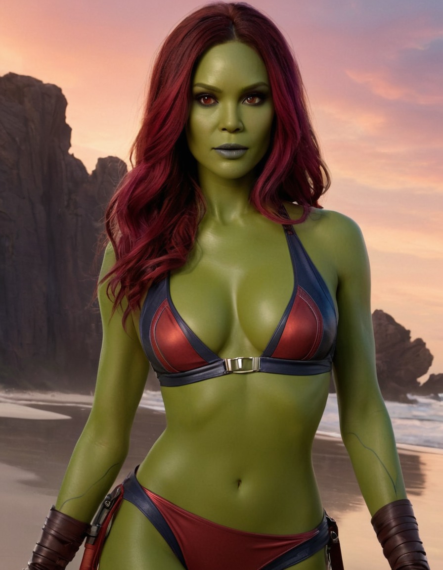 beach, gamora, guardians of the galaxy, marvel, swimsuit, summer, vacation