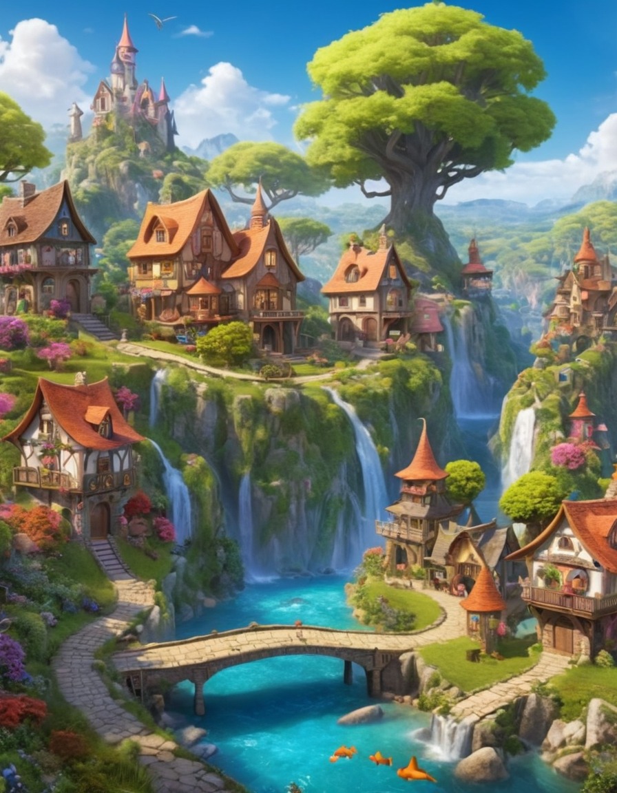 fantasy, whimsical, village, colorful, fantastical beings, fantastic