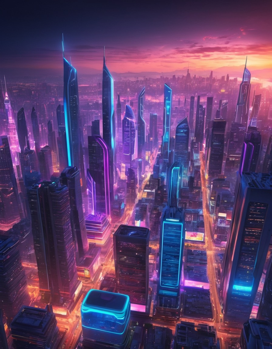 futuristic city, skyline, night, skyscrapers, neon lights